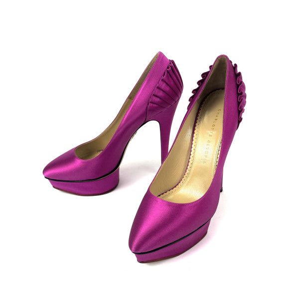Charlotte Olympia Fuchsia Satin Blake Pleated Pumps