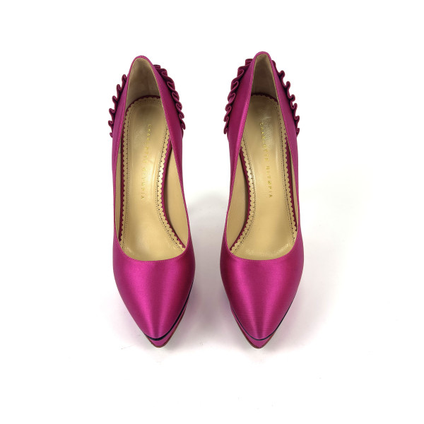 Charlotte Olympia Fuchsia Satin Blake Pleated Pumps