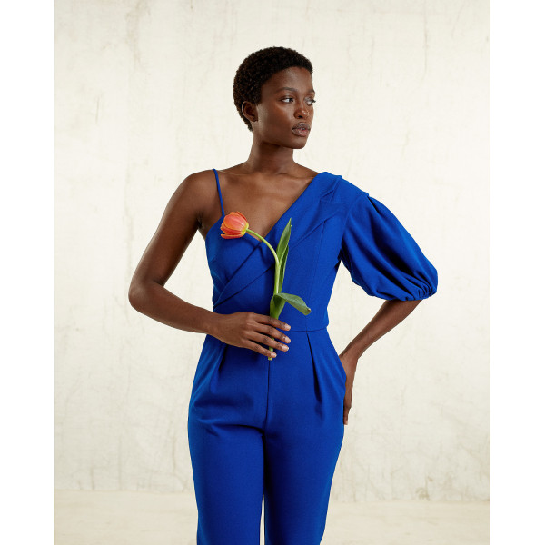 FEMPONIQ Peak Lapel Puff Sleeve Crepe Jumpsuit