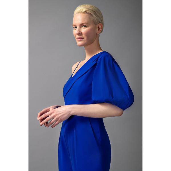 FEMPONIQ Peak Lapel Puff Sleeve Crepe Jumpsuit