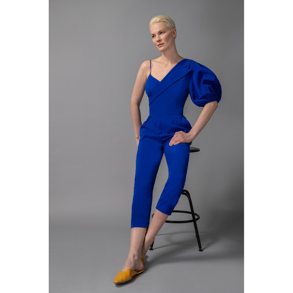 FEMPONIQ Peak Lapel Puff Sleeve Crepe Jumpsuit