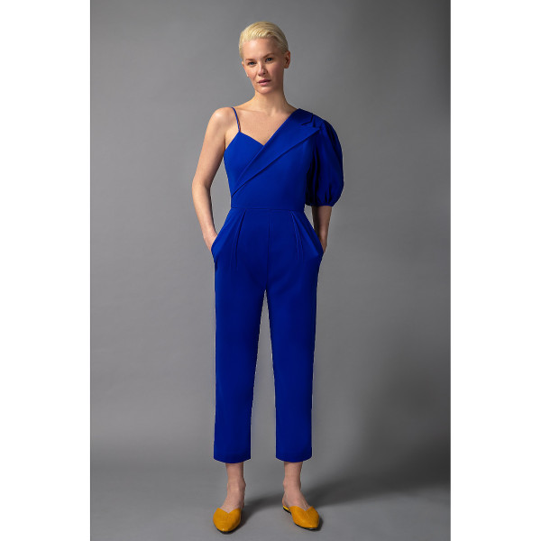 FEMPONIQ Peak Lapel Puff Sleeve Crepe Jumpsuit