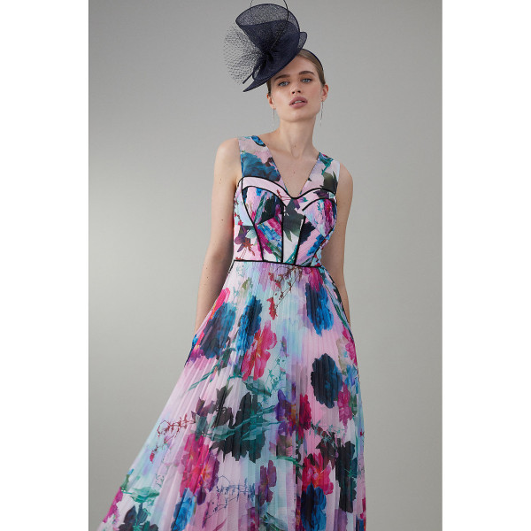 Karen Millen Floral Pleated Corset Woven Maxi Dress With Detachable Cape