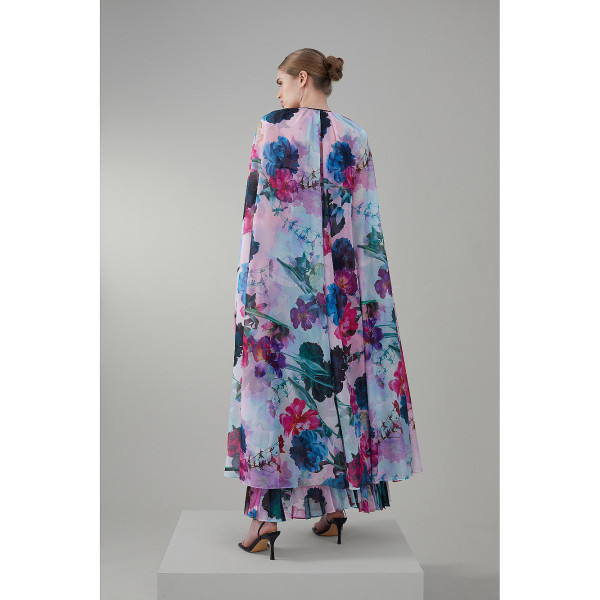 Karen Millen Floral Pleated Corset Woven Maxi Dress With Detachable Cape