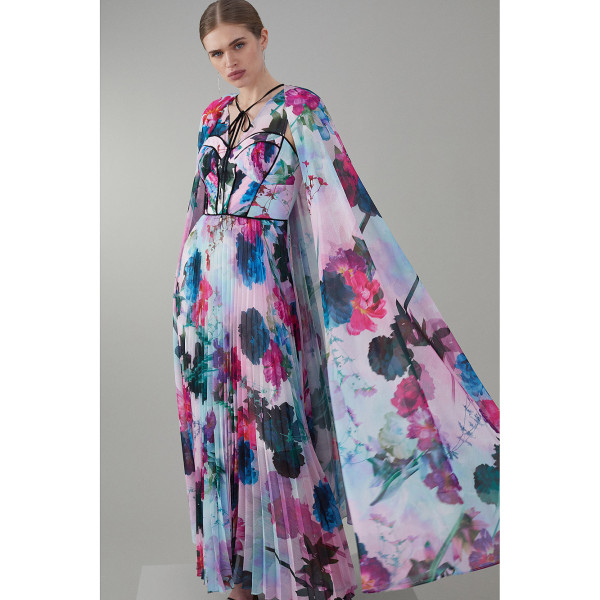 Karen Millen Floral Pleated Corset Woven Maxi Dress With Detachable Cape