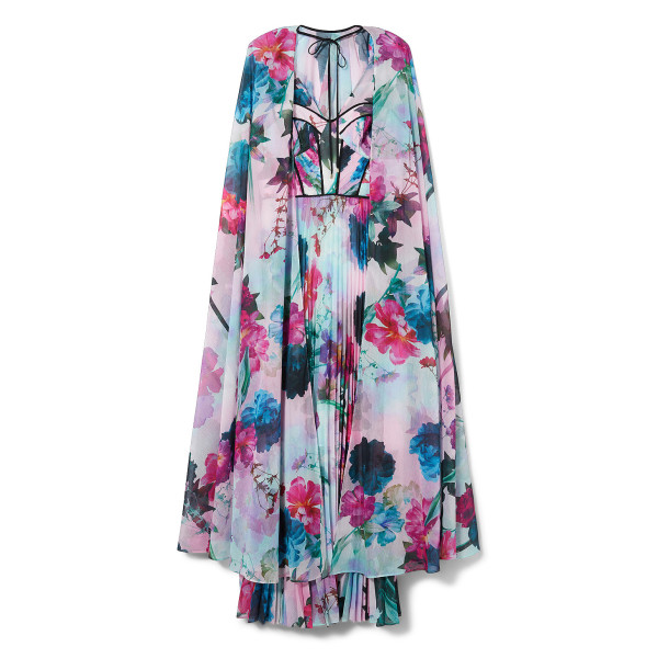 Karen Millen Floral Pleated Corset Woven Maxi Dress With Detachable Cape