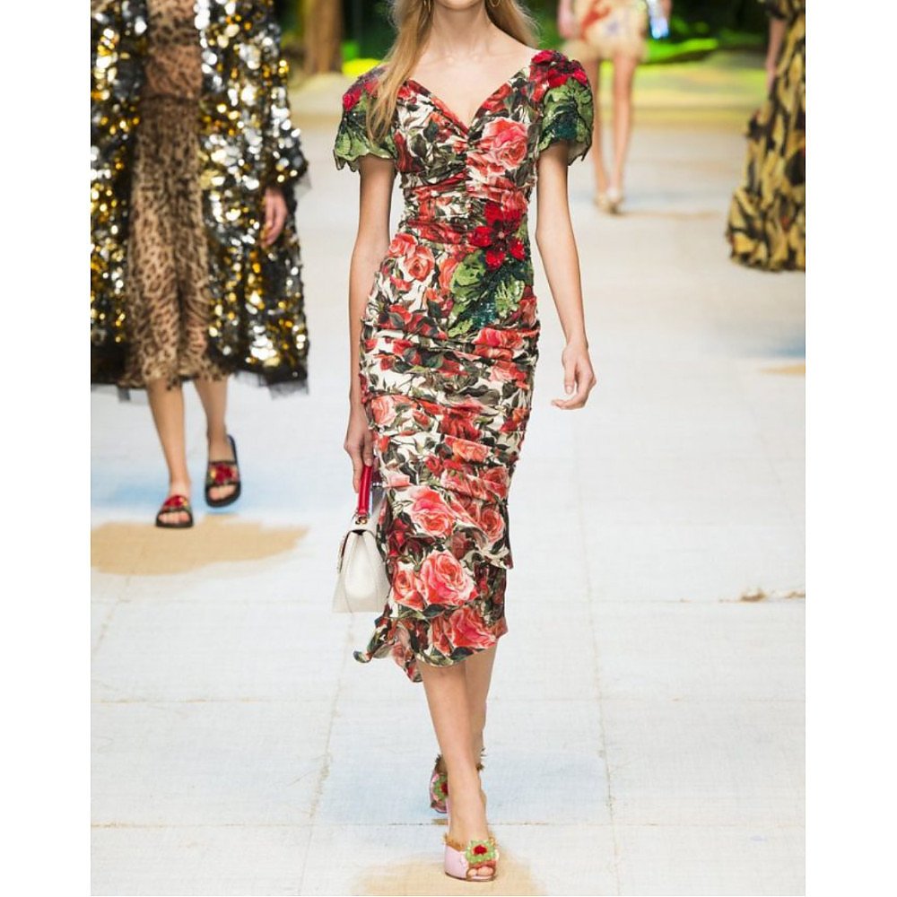 DOLCE & GABBANA Embellished Ruched Rose-Print Midi Dress