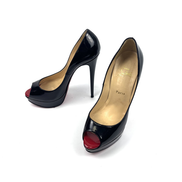 Christian Louboutin Black Patent Peep-Toe Platform Heels