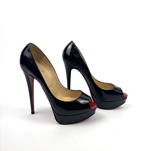 Christian Louboutin Black Patent Peep-Toe Platform Heels