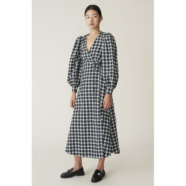Ganni Seersucker Check Wrap Dress