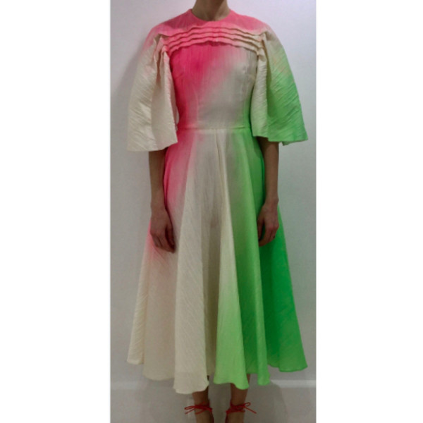 Roksanda ROKSANDA PF19 RAEYA pink green and white full length dress with baloon sleeves