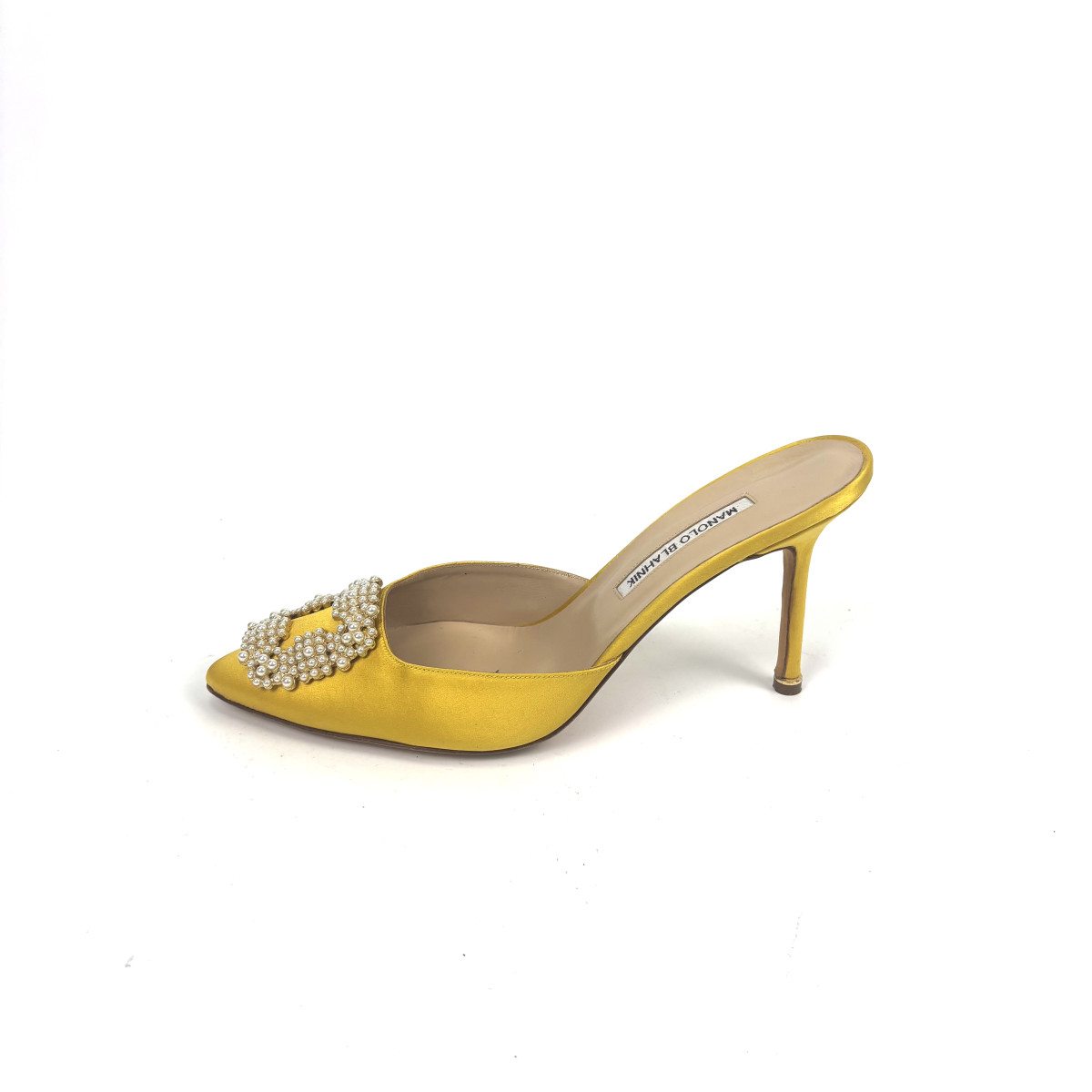 Manolo Blahnik Yellow Satin Mules with Pearl Embellishment