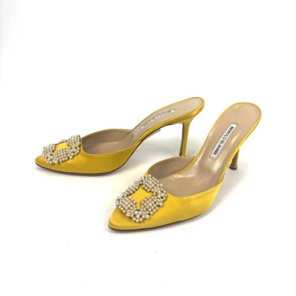 Manolo Blahnik Yellow Satin Mules with Pearl Embellishment