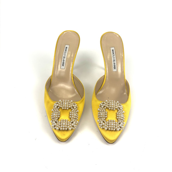 Manolo Blahnik Yellow Satin Mules with Pearl Embellishment