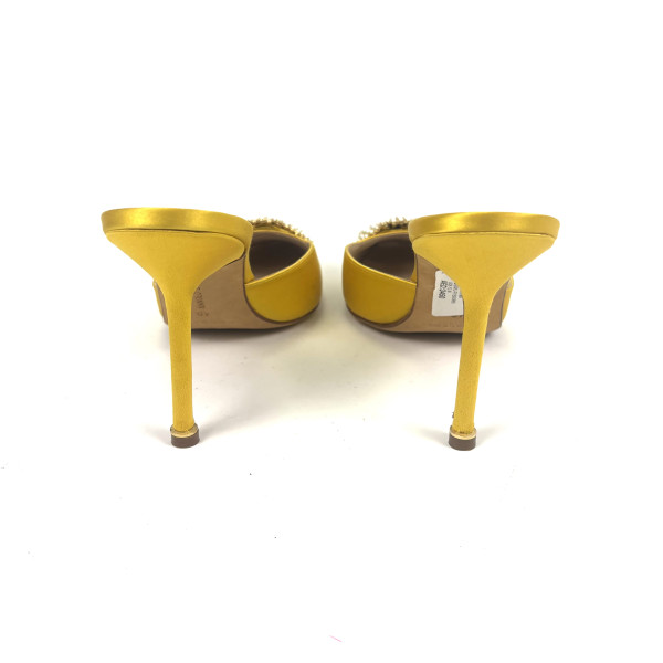 Manolo Blahnik Yellow Satin Mules with Pearl Embellishment