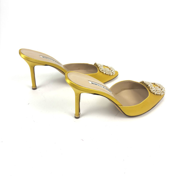 Manolo Blahnik Yellow Satin Mules with Pearl Embellishment