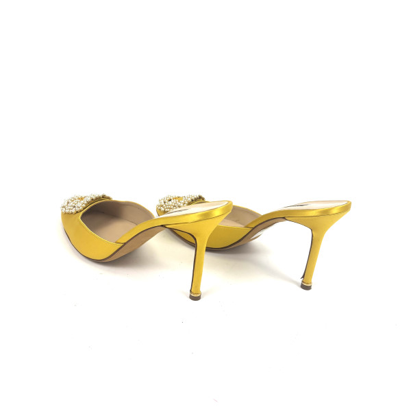 Manolo Blahnik Yellow Satin Mules with Pearl Embellishment