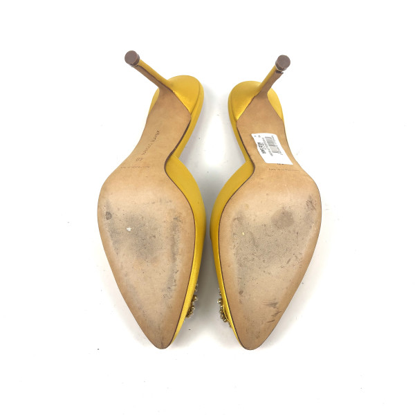 Manolo Blahnik Yellow Satin Mules with Pearl Embellishment