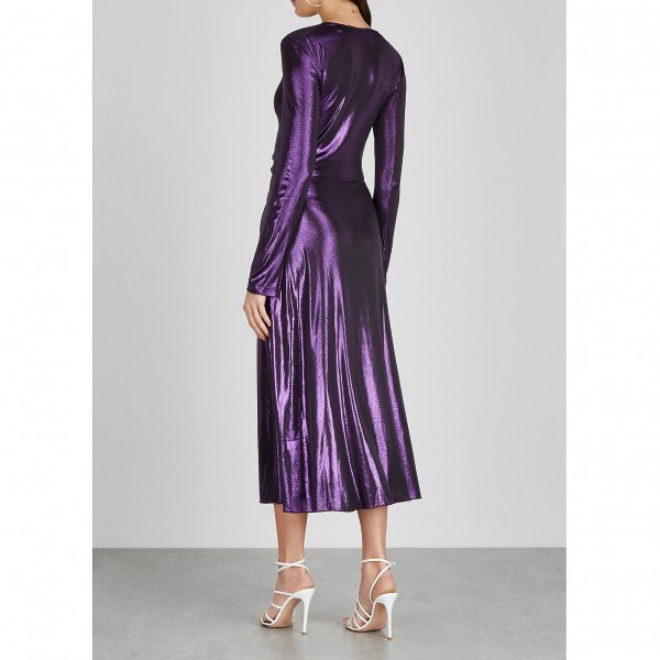 ROTATE Birger Christensen Metallic Ruched Midi Dress