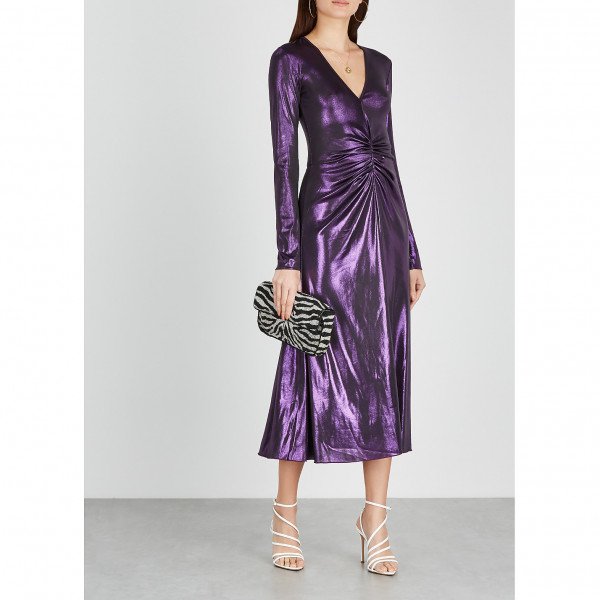 ROTATE Birger Christensen Metallic Ruched Midi Dress