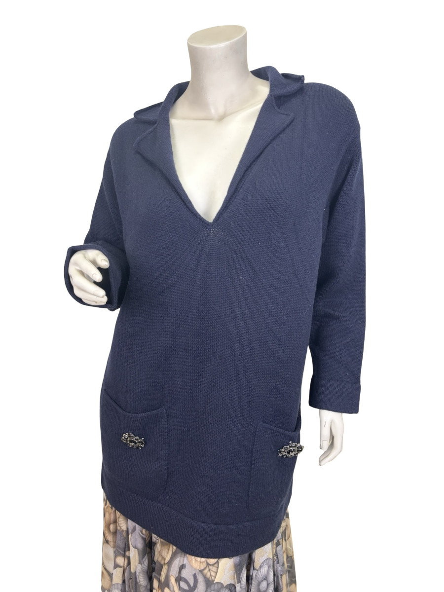 CHANEL V-Neck Navy Sweater