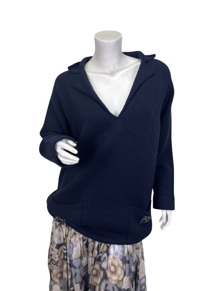 CHANEL V-Neck Navy Sweater