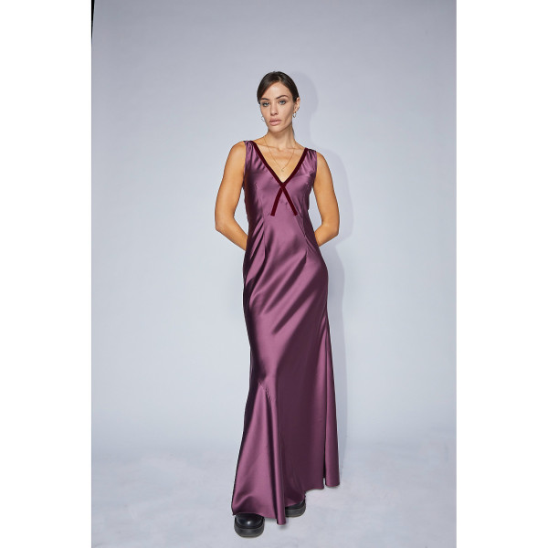 Serena Bute The V Neck Dress - Prune Purple Plant Based Satin