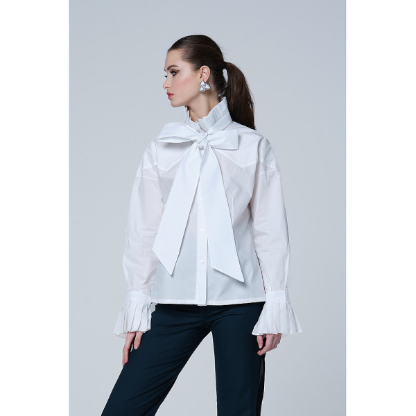 JU-NNA Chelsea - Cotton Blouse W/ Pleated Collar & Long Bow Tie White