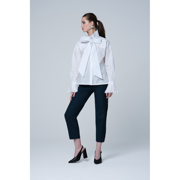 JU-NNA Chelsea - Cotton Blouse W/ Pleated Collar & Long Bow Tie White