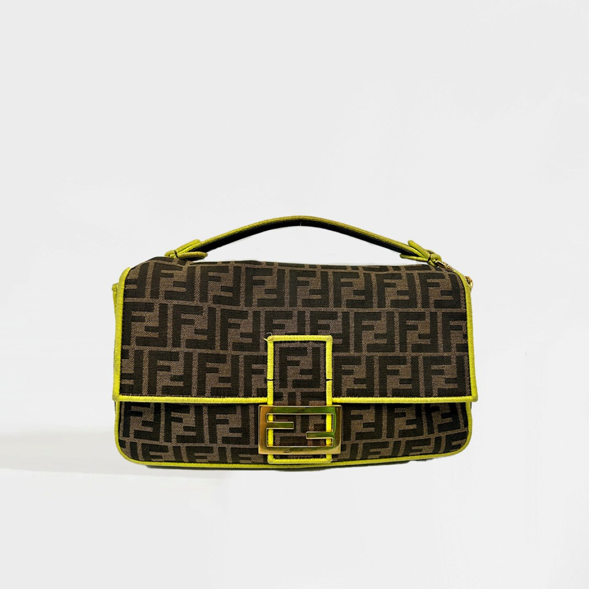 Fendi Large Baguette Bag in Brown Canvas with Yellow Trim