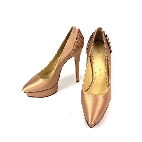 Charlotte Olympia Beige Satin Blake Pleated Pumps