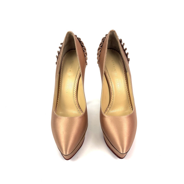 Charlotte Olympia Beige Satin Blake Pleated Pumps