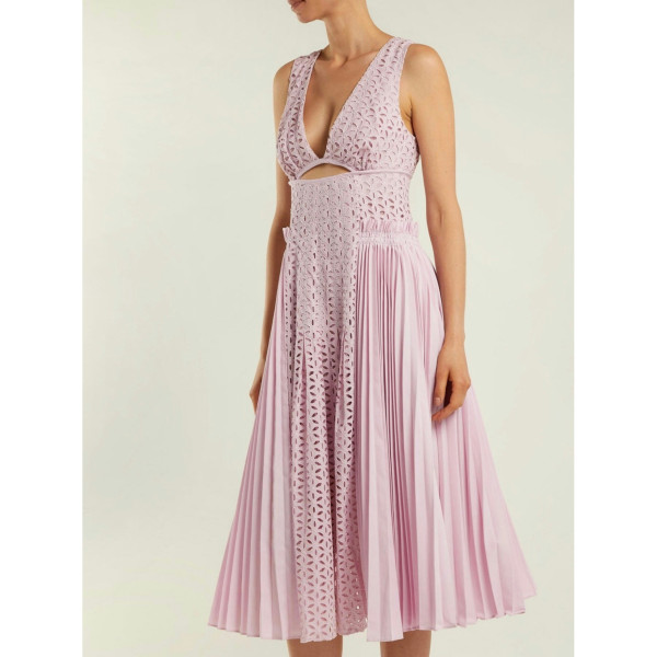 Self-Portrait Broderie-Anglaise And Pleated-Panel Midi Dress