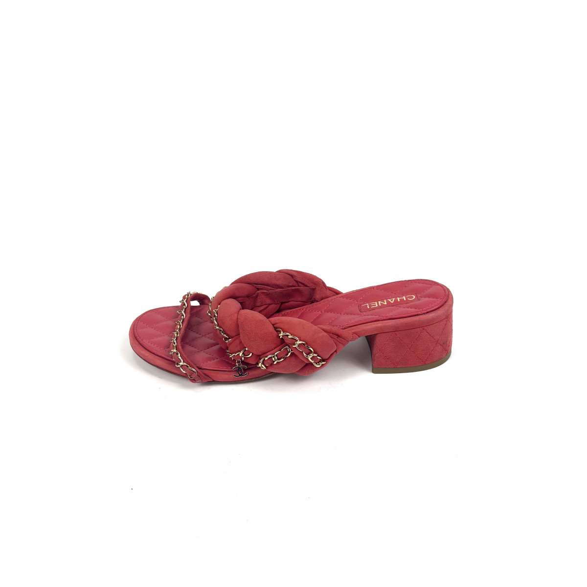 CHANEL Quilted Braided Slide Sandals with Chain Detail
