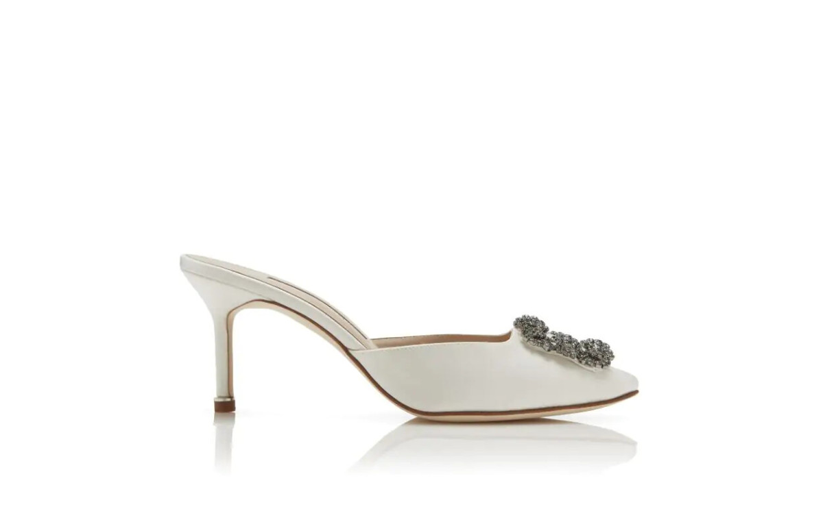 Manolo Blahnik Hangisimu Off-White Satin Jewel Buckle Mules