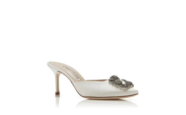 Manolo Blahnik Hangisimu Off-White Satin Jewel Buckle Mules