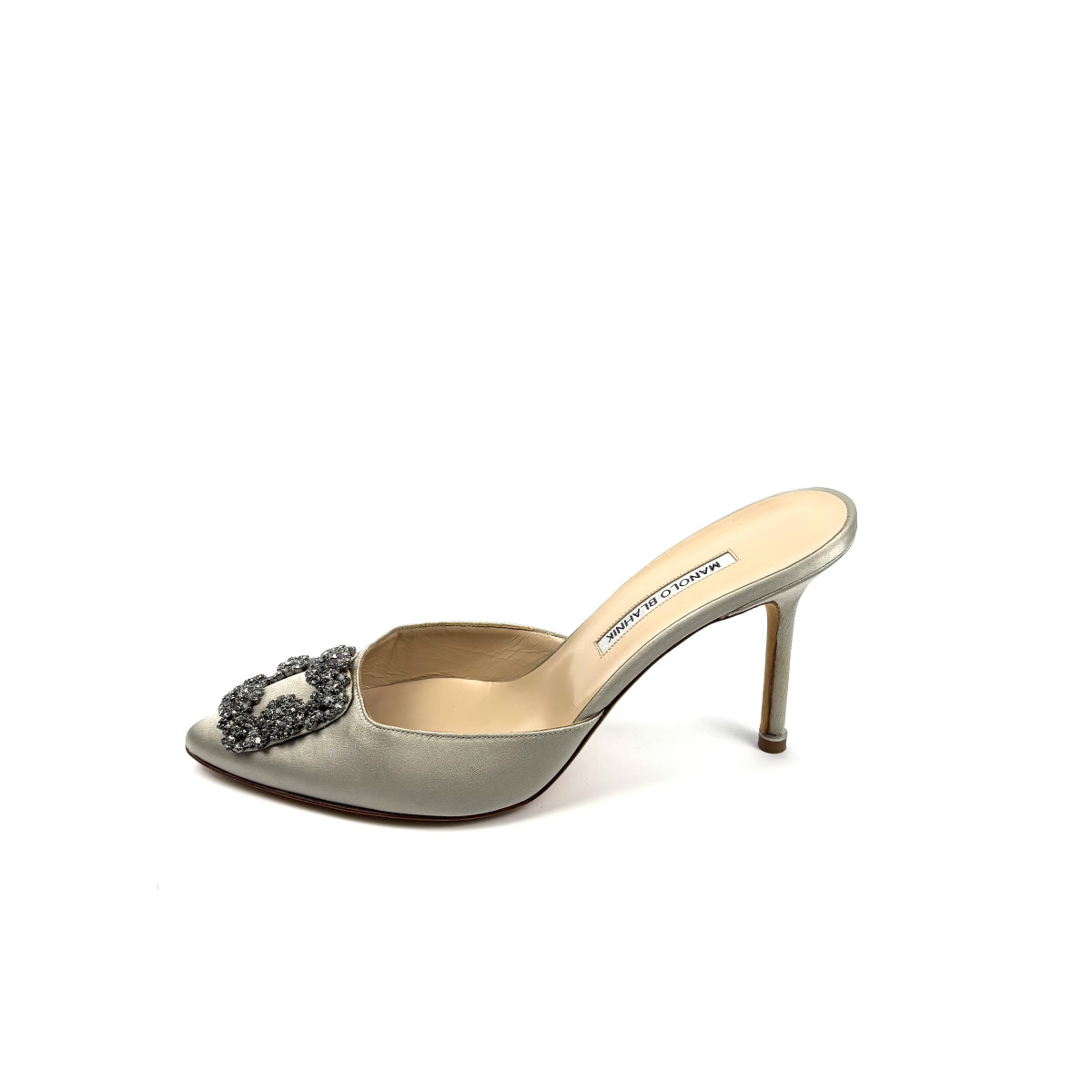Manolo Blahnik Hangisimu Satin Jewel Buckle Mules