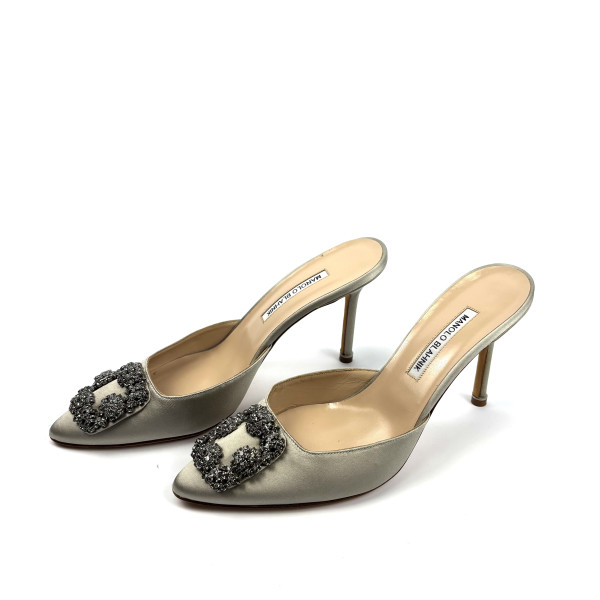 Manolo Blahnik Hangisimu Satin Jewel Buckle Mules