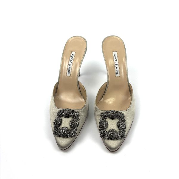 Manolo Blahnik Hangisimu Satin Jewel Buckle Mules