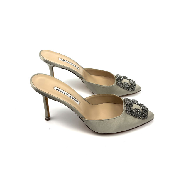 Manolo Blahnik Hangisimu Satin Jewel Buckle Mules