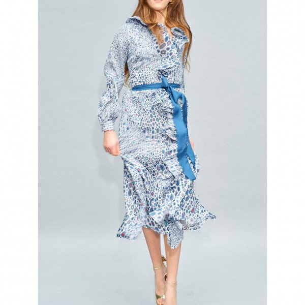 Rent Buy Dhela Printed Ruffle Long-Sleeve Dress | MY WARDROBE HQ