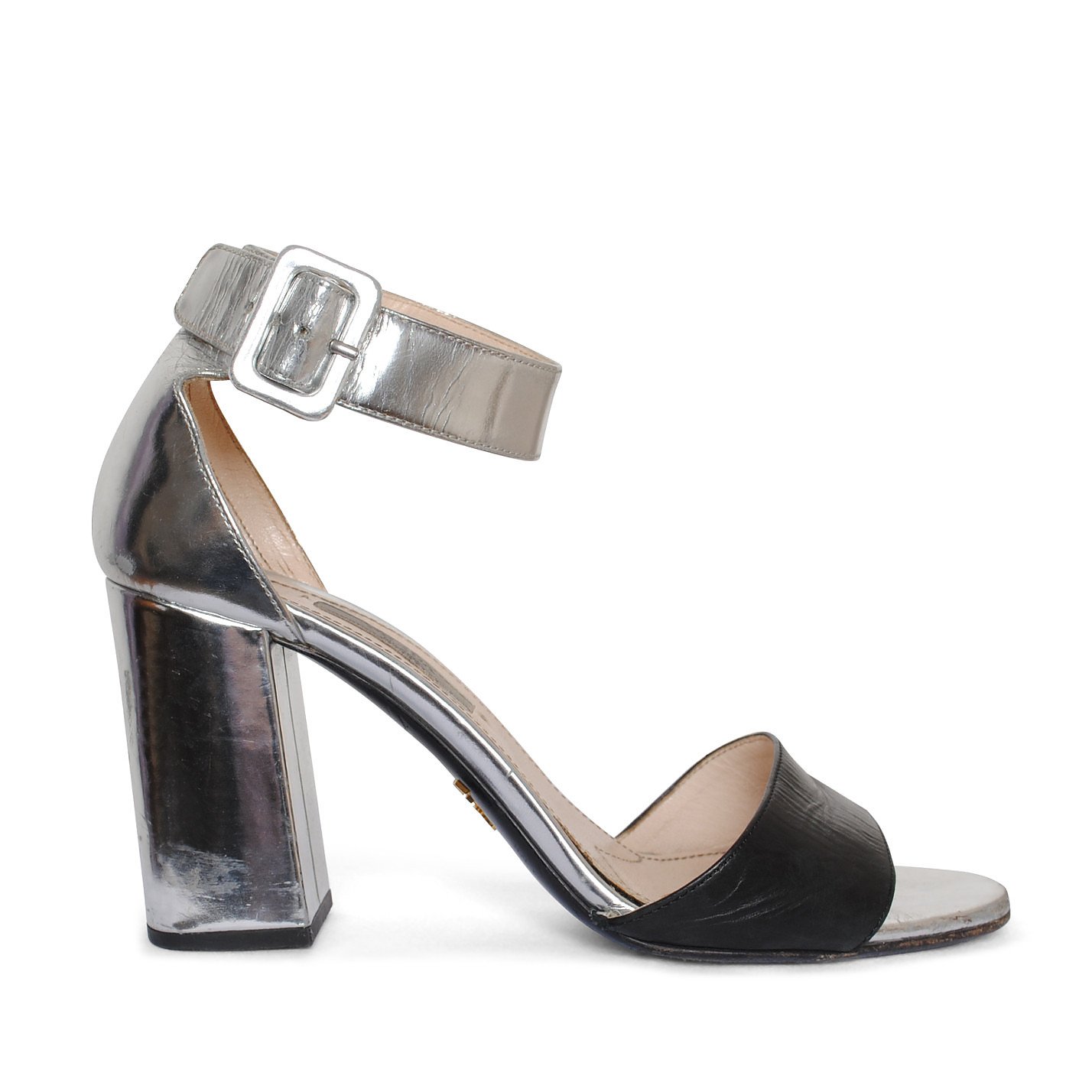 PRADA Metallic Block-Heel Sandals