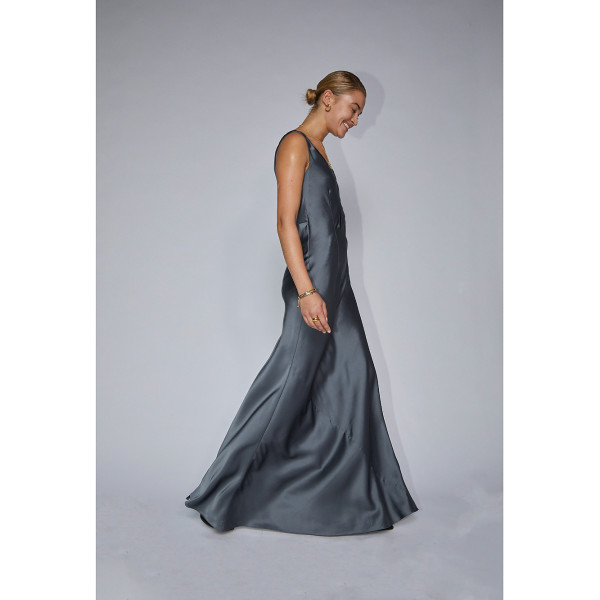 Serena Bute The V Neck Dress - Smoke Pearl Plant Based Satin
