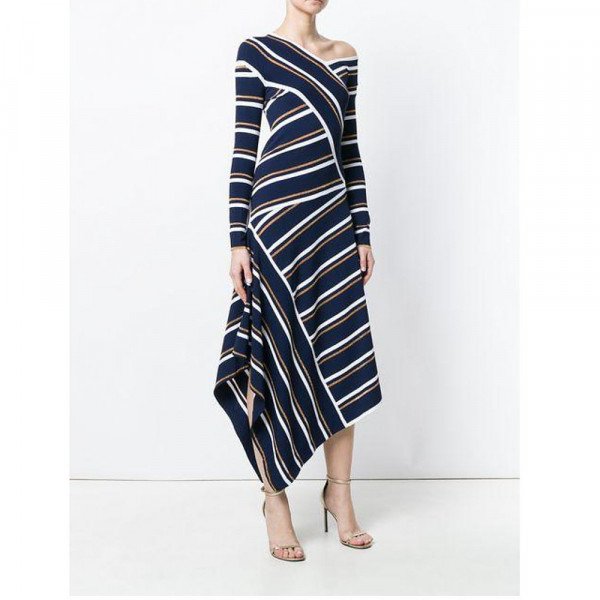 Rent Buy Cedric Charlier Asymmetric Striped Metallic Knitted Midi