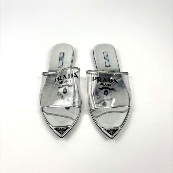 PRADA Women's White Logo Vinyl & Leather Pointy-Toe Sandal Size 39.5
