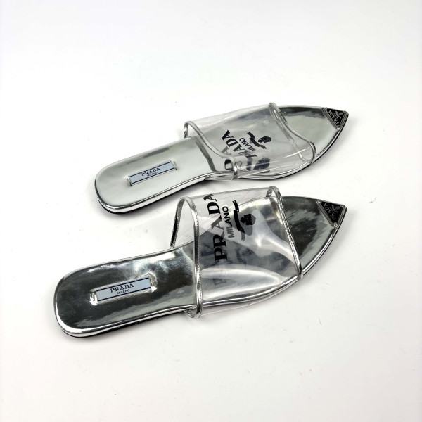 PRADA Women's White Logo Vinyl & Leather Pointy-Toe Sandal Size 39.5