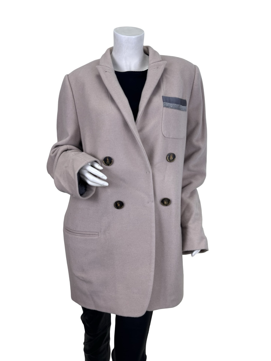 Brunello Cucinelli Double-Breasted Wool Coat with Monili Trim