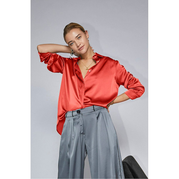 Serena Bute The Boyfriend Shirt - Lipstick Red Plant Based Satin