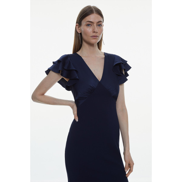 Karen Millen Ruffle Back V Neck Satin Maxi Dress