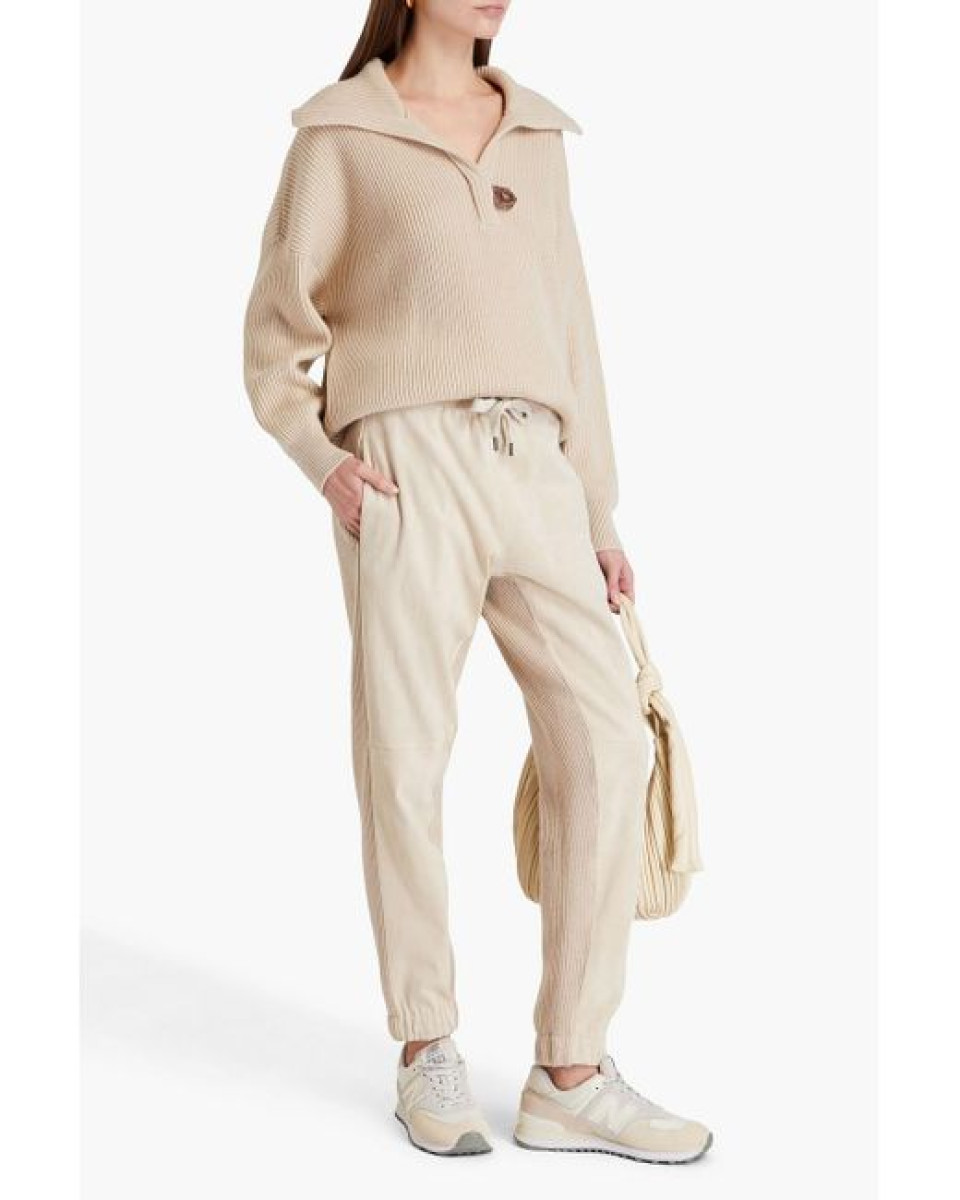 Brunello Cucinelli Suede & Ribbed Cashmere Track Pants